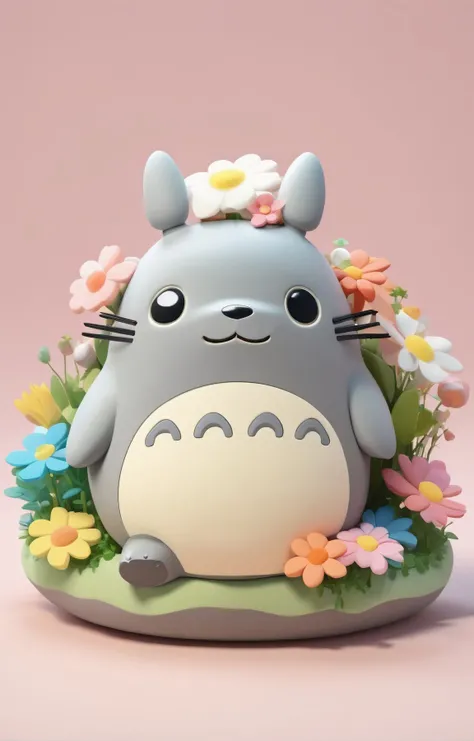 3d isometric, blender render, soft colorful-hued colors, <lora:Squishmallows:0.4> a tiny and cute Squishmallow totoro and flowers, Two tone lighting, simple background