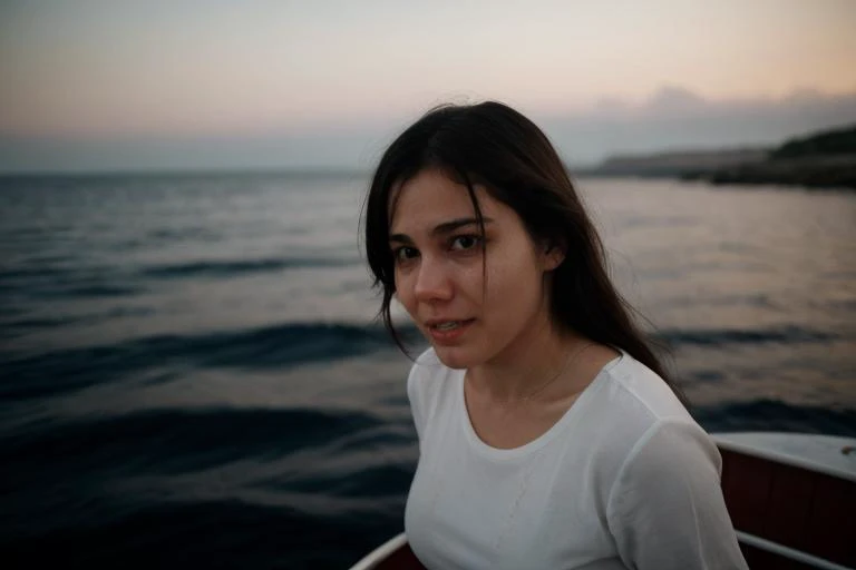 1girl, chest up shot, 3/4 angle, stunning intricate full color film still from horror film of woman, (crying:1.4), (fearexpression:1.1), (scared:1.1), anxious, (fear:1.1), in small boat, sea view, lonely isolated, male focus, model photoshoot, detailed face, detailed nose, epic character composition, sharp focus, brightly lit, natural lighting, subsurface scattering, f2, 35mm, film grain <lora:fearexpression-v2:0.7>