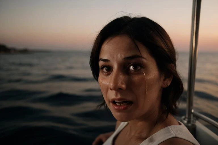 1girl, medium close up, 3/4 angle, stunning intricate full color film still from horror film of woman, (crying:1.4), (fearexpression:1.1), (scared:1.1), anxious, (fear:1.1), in small boat, sea view, lonely isolated, male focus, model photoshoot, detailed face, detailed nose, epic character composition, sharp focus, brightly lit, natural lighting, subsurface scattering, f2, 35mm, film grain <lora:fearexpression-v2:0.7>