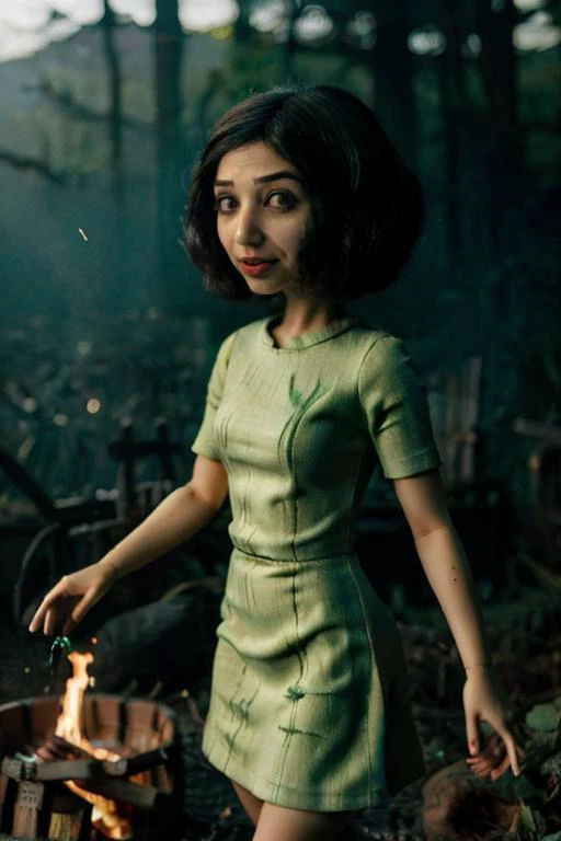 beautiful posed doll woman, small brunette, bobcut, looking away, 3/4 angle, ultra detailed, StopMotionC_Style-20 <lora:StopMotionC_Style-20:0.9> green dress, green eyes, fire, smoke, scared, frightened, witches, burning, pyre, bonfire, horror, dark, Jurevicius <lora:Jurevicius_v2:0.95> <lora:fearexpression-v2:0.8> fearexpression, afraid, fearing
