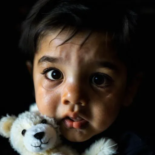 Little boy holding a teddy bear between both hands with a black blur on the boy's face. Climate of terror