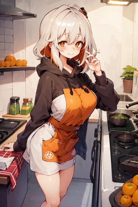 Masterpiece, best quality, perfect lighting, 1girl, solo, rimukoro style, blush, huge breasts, white hair, red hair barettes, orange apron, golden eyes, grey hoodie, looking at viewer, slight smile, mature female, <lyco:Rimukoro-10:0.8>