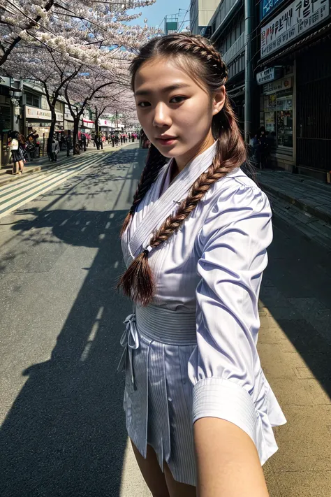 (ffc selfie), (pov selfie photo) ,(Japanese (21yo woman) (Bella Eleanor)), Resting one arm above head against a wall, body facing the camera, a foot tapping rhythmically, hard shadows, cinematic shot, dramatic lighting, (Pull-through braid), (at A vibrant, bustling Seoul street during cherry blossom season), <lora:add_detail:1.5>, <lora:ffc selfie:1>, (beautiful hands, five fingers)
