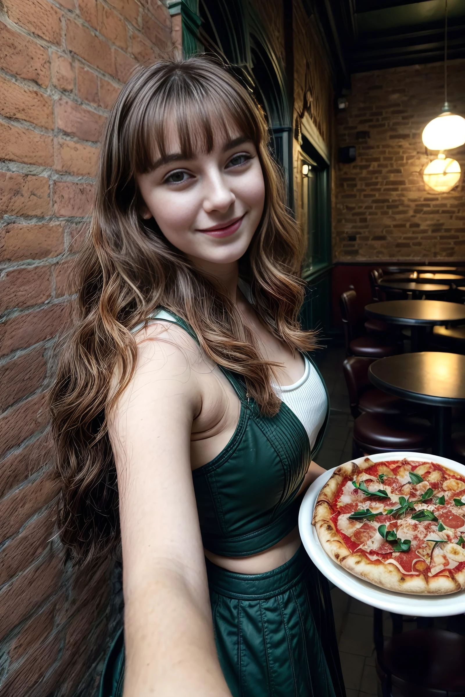 (ffc selfie), (pov selfie photo) ,(Irish (21yo woman) (Nora Lily)), Playfully pulling on a strand of hair while looking away with a mysterious smile, hard shadows, cinematic shot, dramatic lighting, (Side-swept bangs), (at A classic, vintage Italian pizza restaurant with a brick oven), <lora:add_detail:1.5>, <lora:ffc selfie:1>, (beautiful hands, five fingers)