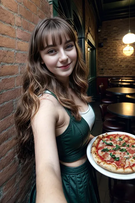 (ffc selfie), (pov selfie photo) ,(Irish (21yo woman) (Nora Lily)), Playfully pulling on a strand of hair while looking away with a mysterious smile, hard shadows, cinematic shot, dramatic lighting, (Side-swept bangs), (at A classic, vintage Italian pizza restaurant with a brick oven), <lora:add_detail:1.5>, <lora:ffc selfie:1>, (beautiful hands, five fingers)