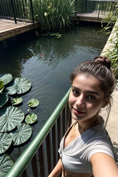 (ffc selfie), (pov selfie photo) ,(Syrian (21yo woman) (Alice Zoe)), Leaning over a balcony or railing, looking up with a romantic or yearning expression, hard shadows, cinematic shot, dramatic lighting, (Loose, textured bun), (at A serene lily pad-covered pond), <lora:add_detail:1.5>, <lora:ffc selfie:1>, (beautiful hands, five fingers)