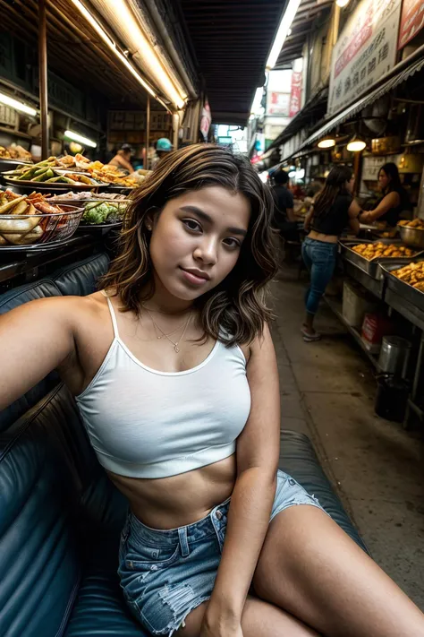 (ffc selfie), (pov selfie photo) ,(Cuban (21yo woman) (Kinsley Ellie)), Lying on a couch, head propped on one hand, the other leg draped over the backrest, hard shadows, cinematic shot, dramatic lighting, (Stacked bob), (at A bustling Asian street food market), <lora:add_detail:1.5>, <lora:ffc selfie:1>, (beautiful hands, five fingers)