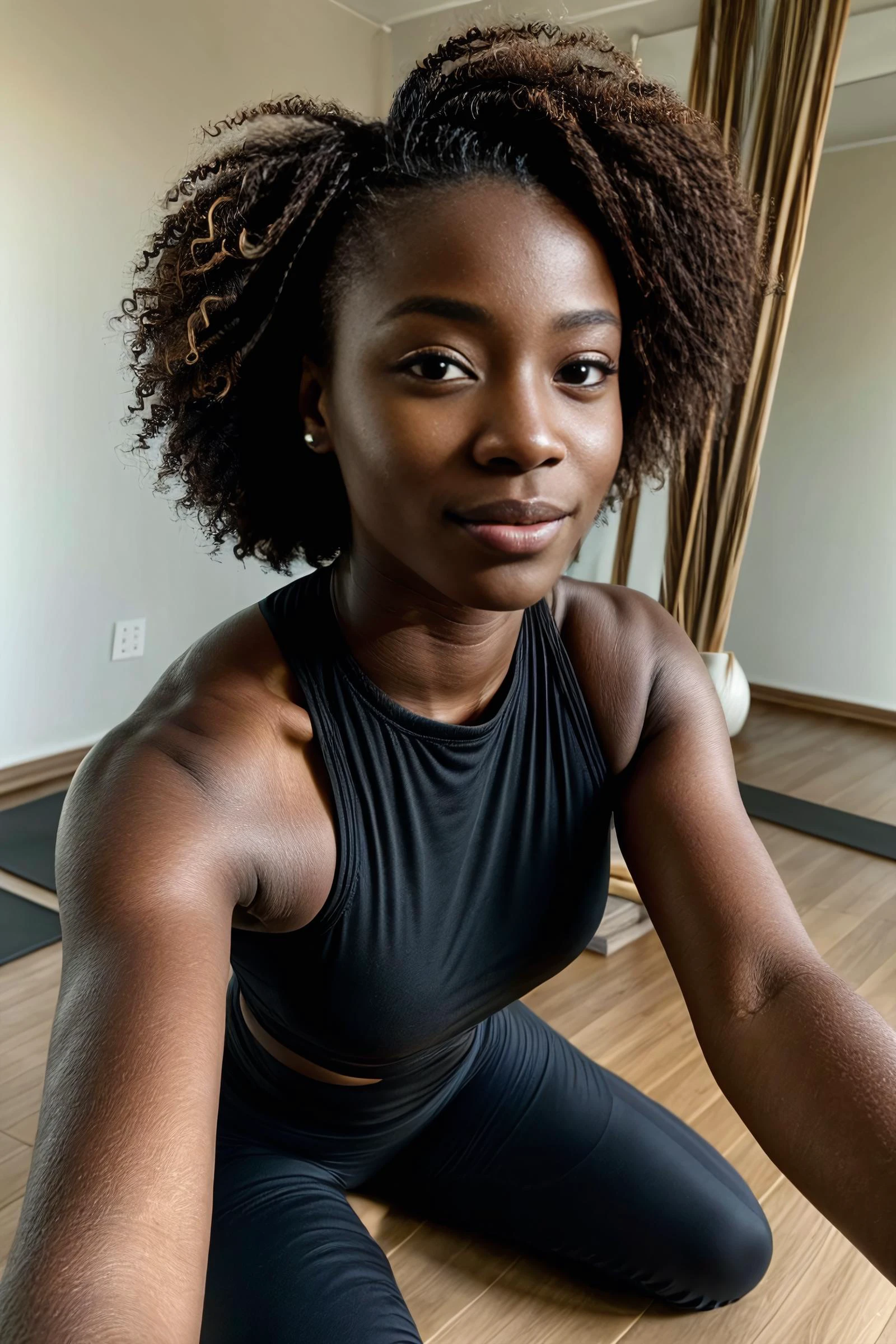 (ffc selfie), (pov selfie photo) ,(Cameroonian (21yo woman) (Audrey Ella)), Playfully pulling on a strand of hair while looking away with a mysterious smile, hard shadows, cinematic shot, dramatic lighting, (Tousled waves), (at A tranquil yoga studio with a zen garden), <lora:add_detail:1.5>, <lora:ffc selfie:1>, (beautiful hands, five fingers)