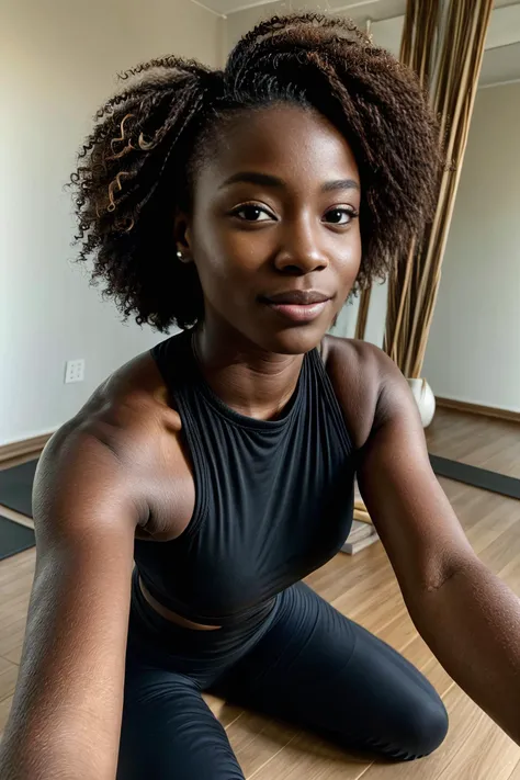 (ffc selfie), (pov selfie photo) ,(Cameroonian (21yo woman) (Audrey Ella)), Playfully pulling on a strand of hair while looking away with a mysterious smile, hard shadows, cinematic shot, dramatic lighting, (Tousled waves), (at A tranquil yoga studio with a zen garden), <lora:add_detail:1.5>, <lora:ffc selfie:1>, (beautiful hands, five fingers)