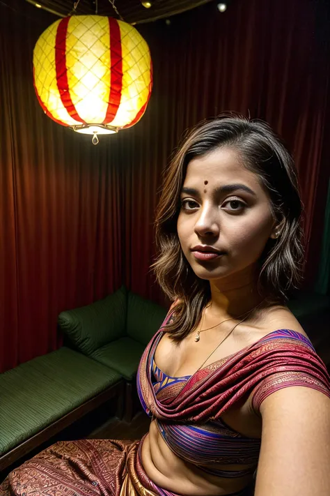 (ffc selfie), (pov selfie photo) ,(Costa Rican (21yo woman) (Victoria Grace)), Sitting backwards on a chair, arms draped over the backrest, direct gaze into the camera, hard shadows, cinematic shot, dramatic lighting, (Textured long bob), (at A vibrant Bollywood-style set with colorful fabrics and lanterns), <lora:add_detail:1.5>, <lora:ffc selfie:1>, (beautiful hands, five fingers)