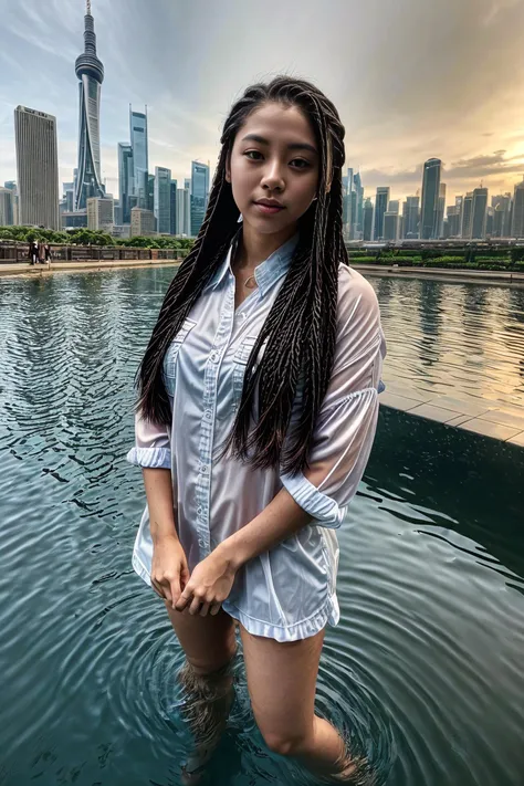 (ffc selfie), (pov selfie photo) ,(Japanese (21yo woman) (Isabella Kinsley)), Standing in shallow water, clothes partially wet, looking serenely at the camera, hard shadows, cinematic shot, dramatic lighting, (Box braids), (at A bustling cityscape with towering skyscrapers), <lora:add_detail:1.5>, <lora:ffc selfie:1>, (beautiful hands, five fingers)