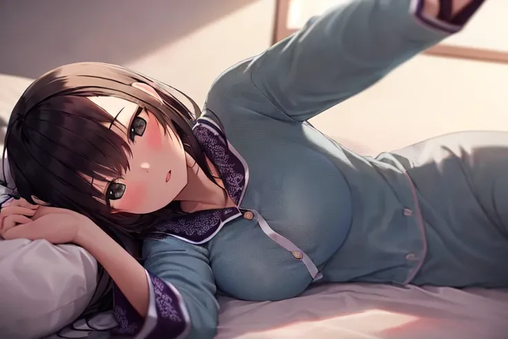 masterpiece, best_quality, 1girl, solo, ffc selfie, on bed, on side, lying, pajamas,