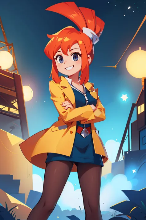 (masterpiece, best quality:1.2), solo, 1girl, lynne, grin, looking at viewer, crossed arms, yellow coat, blue dress, pantyhose, night, star \(sky\), outdoors <lora:ghosttrick_lynne:1.0>