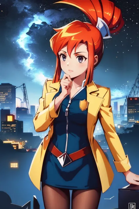 (masterpiece, best quality:1.2), solo, 1girl, lynne, hand on own chin, thinking, yellow coat, blue dress, pantyhose, night, star \(sky\), outdoors <lora:ghosttrick_lynne:1.0> <lora:concept_handonownchin-11:1>
