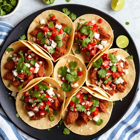 A close-up of Mexican street tacos on a handmade clay plate, set on a vibrant, patterned cloth, the tacos filled with marinated carne asada, topped with fresh cilantro and diced onions