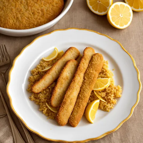 A close-up of an Austrian Wiener Schnitzel, the breadcrumb coating golden and crispy, served with lemon slices on a fine porcelain plate, set on a traditional Austrian linen tablecloth