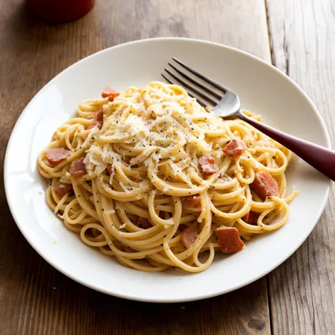 A close-up of Italian spaghetti carbonara on a rustic ceramic plate, set on an old wooden table, strands of pasta coated in creamy sauce with crisp pancetta and a sprinkle of Parmesan