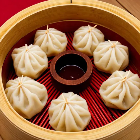 A detailed image of Chinese dim sum in a bamboo steamer, an assortment of dumplings with translucent skins revealing the colorful fillings, set on a lacquered table with chopsticks