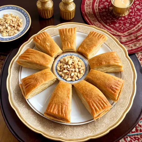 A close-up of Turkish baklava, layers of flaky pastry and nuts, drizzled with honey, served on a decorative Ottoman plate, set on an intricately woven rug