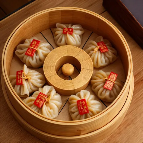 A detailed image of Chinese dim sum in a bamboo steamer, an assortment of dumplings with translucent skins revealing the colorful fillings, set on a lacquered table with chopsticks