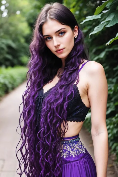 <lora:lora-000001:0.85>, realistic photo of beautiful caucasian girl with very long wavy purple hair and dark blue eyes, simple background, (masterpiece:1.0), (best quality:1.0), beautiful, (intricate details), unity 8k wallpaper, ultra detailed, flash photography lighting