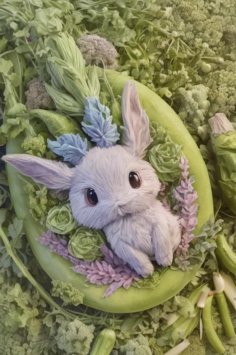 a vegetable eevee,pastel vegetable background,extremely detailed,intricate details,cinematic lighting,masterpiece,best quality,high resolution,