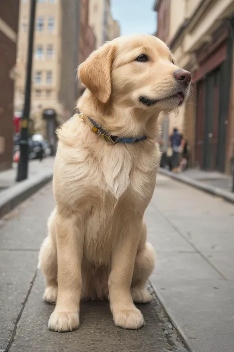 masterpiece,award winning,national geographic,portrait of a golden retriever puppy,detailed urban environment,100mm f/2.8 macro lens,mythical brilliance,8K resolution.,