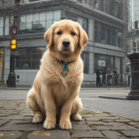 masterpiece, award winning, national geographic, portrait of a golden retriever dog,detailed urban environment, 100mm f/2.8 macro lens,mythical brilliance,8K resolution.,