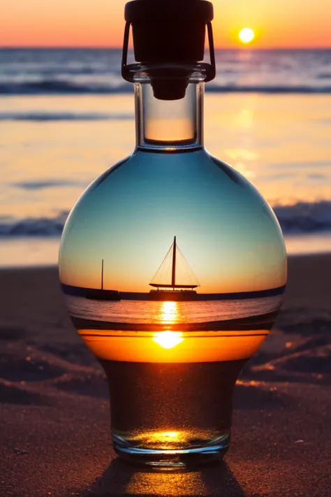 F-B-C, sharp foreground: a bottle on a beach , blurry background: a ferris wheel next to a setting sun , effect: the bottle encapsulate the background