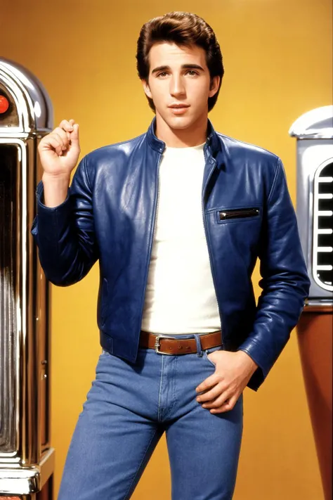 the coolest looking photo of Henry Winkley as Arthur Fonzarelli,The Fonz in a leather jacket, standing and leaning against Jukebox, Blue Jeans and Leather Jacker with a white shirt underneath, Happy Days, 70s style sitcom, masterpiece, best quality