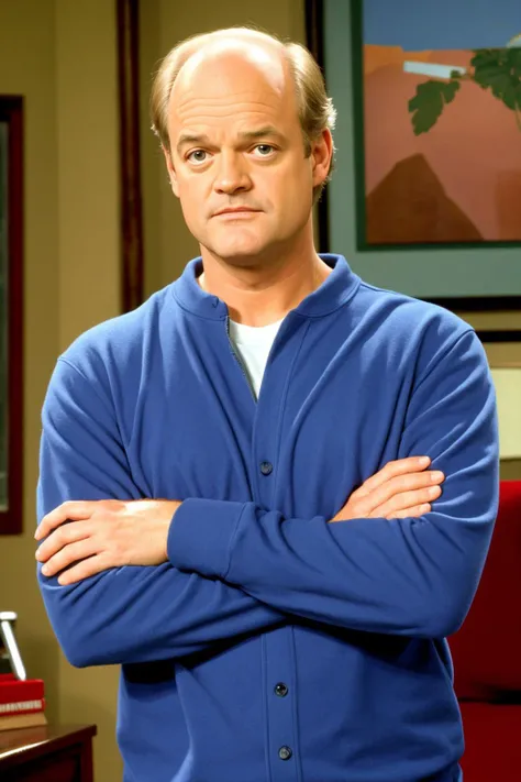 the coolest looking photo of Kelsey Grammar as Dr. Frasier Crane looking at the camera,TV promo still, Frasier, 90s style sitcom, masterpiece, best quality