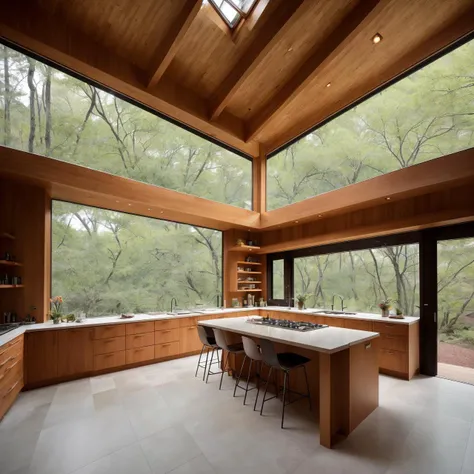 highly detailed photo,sharp details,4K,8k,12k,RAW photo,Sony A7SIII,24mm,masterpiece,award winning architectural photography,
Frank Lloyd Wright inspired futuristic living space located in a secluded forest,nighttime,warm ambiance,inviting,well-utilized,book collection,book shelves,scientific instruments,spotless kitchen area,soft lighting,comfort-focused interior,expansive windows,stark landscape outside,