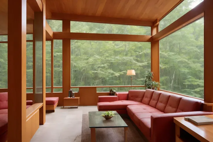 highly detailed photo by Fernando Guerra,wide-angle,sharp focus,4K,8k,12k,RAW photo,Sony A7SIII,17mm,masterpiece,award winning architectural photography,artstation,intricate details,precise,
BREAK
(interior:1.5),Frank Lloyd Wright inspired,(retro living space:1.5),cozy and inviting interior,intigrated with nature,well-furnished,hundreds of books,bookshelves,scientific equipment,immaculate,ambient interior lighting,comfort design,large windows,lush forest view,natural light,70s style,
BREAK
dense forest exterior,(evening:1.5),