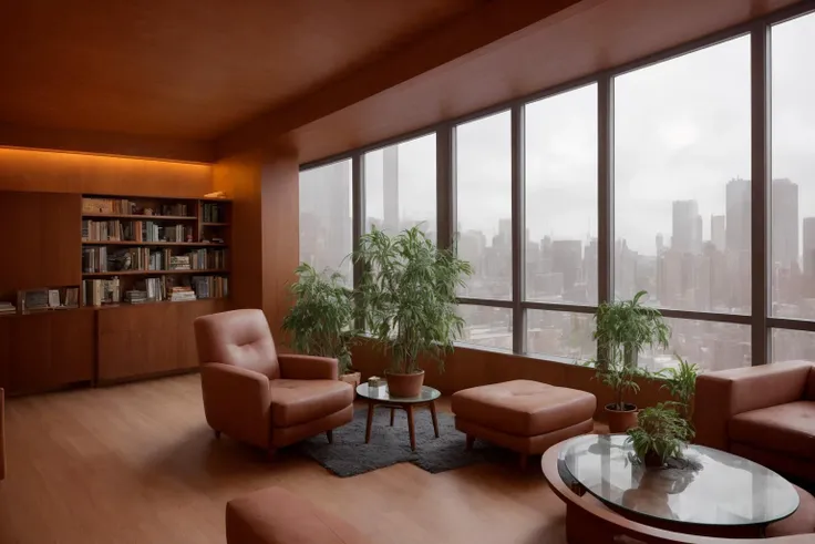 highly detailed photo by Fernando Guerra,wide-angle,sharp focus,4K,8k,12k,RAW photo,Sony A7SIII,17mm,masterpiece,award winning architectural photography,artstation,intricate details,precise,
BREAK
(interior:1.5),Frank Lloyd Wright inspired,(cozy retro living room:1.5),billion dollar home,cozy and inviting interior,well-furnished,hundreds of books,bookshelves,plants,scientific equipment,immaculate,ambient interior lighting,comfort design,large windows,dystopian city view,natural light,
BREAK
futuristic dystopian city exterior,(night:1.5),raining,