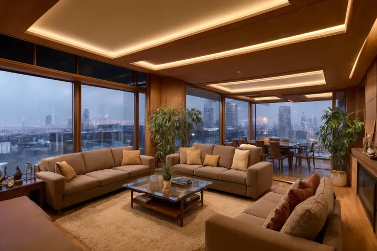 highly detailed photo by Fernando Guerra,wide-angle,sharp focus,4K,8k,12k,RAW photo,Sony A7SIII,17mm,masterpiece,award winning architectural photography,artstation,intricate details,precise,
BREAK
(interior:1.5),Frank Lloyd Wright inspired,(cozy livingroom:1.5),billion dollar home,cozy and inviting interior,well-furnished,hundreds of books,bookshelves,scientific equipment,immaculate,many plants,ambient interior lighting,comfort design,large windows,dystopian city view,natural light,
BREAK
futuristic dystopian city exterior,(night:1.5),raining,