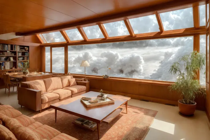 (house in the clouds:1.5),highly detailed photo by Fernando Guerra,wide-angle,sharp focus,4K,8k,12k,RAW photo,Sony A7SIII,17mm,masterpiece,award winning architectural photography,artstation,intricate details,precise,
BREAK
(interior:1.5),Frank Lloyd Wright inspired,(cozy retro living room:1.5),billion dollar home,cozy and inviting interior,well-furnished,hundreds of books,bookshelves,plants,scientific equipment,immaculate,ambient interior lighting,comfort design,large windows,natural light,
BREAK