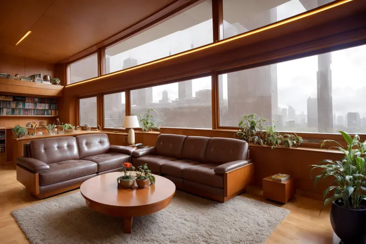 highly detailed photo by Fernando Guerra,wide-angle,sharp focus,4K,8k,12k,RAW photo,Sony A7SIII,17mm,masterpiece,award winning architectural photography,artstation,intricate details,precise,
BREAK
(interior:1.5),Frank Lloyd Wright inspired,(cozy retro livingroom:1.5),billion dollar home,cozy and inviting interior,well-furnished,hundreds of books,bookshelves,plants,scientific equipment,immaculate,ambient interior lighting,comfort design,large windows,dystopian city view,natural light,
BREAK
futuristic dystopian city exterior,(night:1.5),raining,