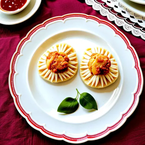 A close-up of a Polish pierogi plate, the dumplings stuffed with potato and cheese, served on a floral-patterned porcelain plate, set on a lace table runner