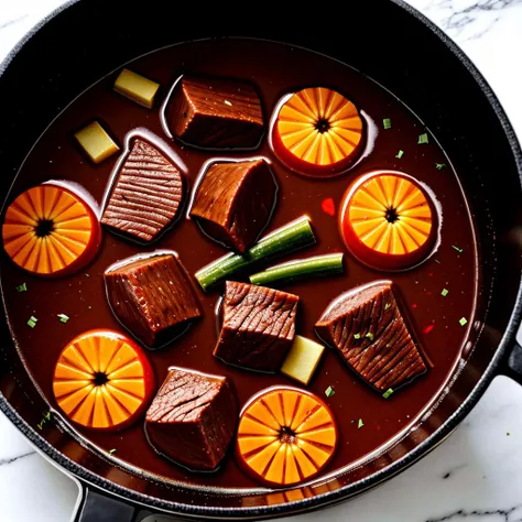 A pot of rich beef stew simmering slowly, chunks of tender meat and vegetables melding flavors together