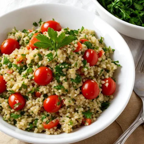 A detailed image of a Lebanese tabbouleh, vibrant with fresh parsley, tomatoes, and bulgur, served in a small bowl, set on a Middle Eastern patterned tablecloth