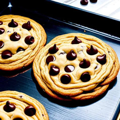 Homemade chocolate chip cookies on a baking sheet, turning golden around the edges, with melted chocolate chips