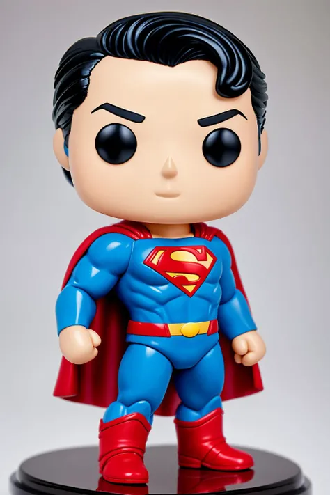 Funko pop superman figurine, made of plastic, product studio shot, on a white background diffused lighting, centered.