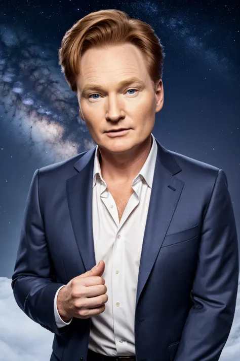Tempting [Nervous:Revealing All:18] "Conan O'Brien Tonight", simple background, ultrafine detailed, F/2.8, dreamy, cosmic energy, 4K