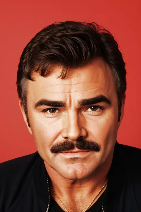 Tempting [Nervous:Revealing All:18] "Burt Reynolds Head and Burly Shoulders", simple background, ultrafine detailed, F/2.8, dreamy, cosmic energy, 4K