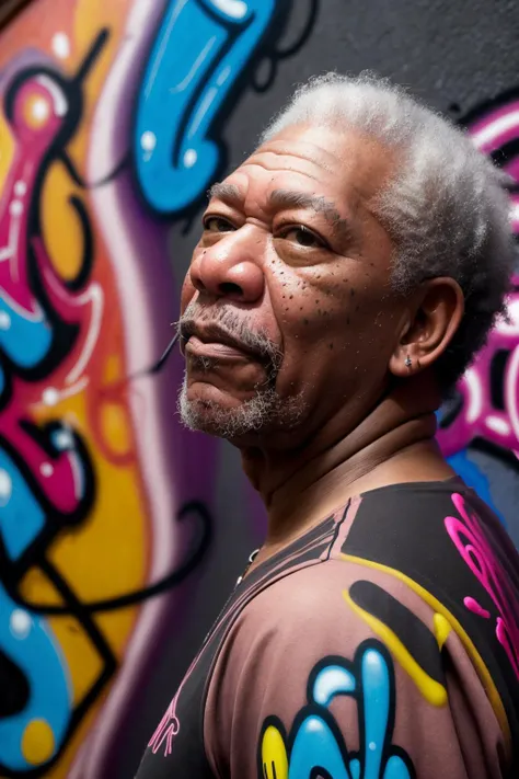 Tempting [Nervous:Signature:18] "Morgan Freeman from his best angle", ultrafine detailed, Proud, Graffiti Street Art, F/2.8, dreamy, cosmic energy, 4K