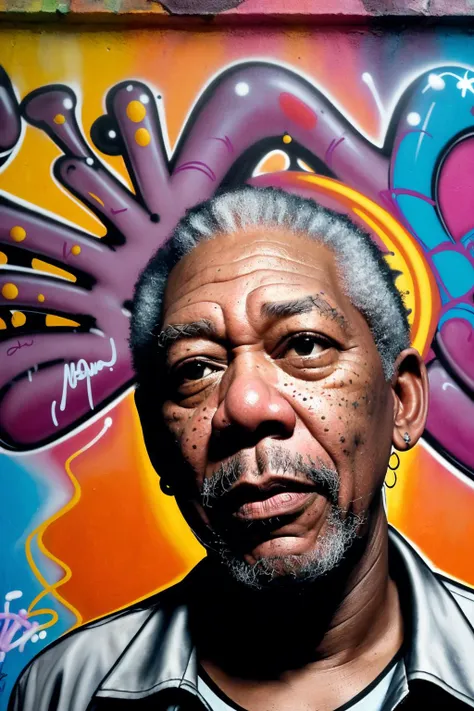Tempting [Nervous:Signature:18] "Morgan Freeman from his best angle", ultrafine detailed, Proud, Graffiti Street Art, F/2.8, dreamy, cosmic energy, 4K