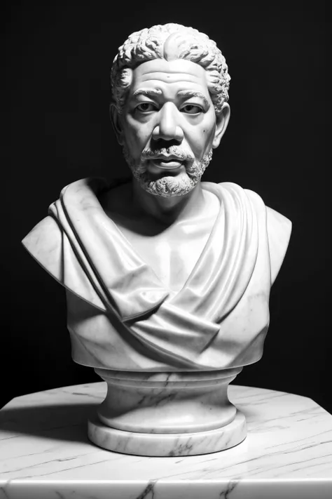 Tempting [Nervous:Vivid Neon Promo:18] "A marble bust of Morgan Freeman as a Roman Emperor",black simple background,  ultrafine detailed, F/2.8, dreamy, cosmic energy, 4K