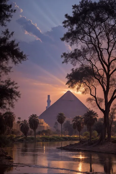 [ (horror art by Stephen Bissette:0.7) | Bernie Wrightson], landscape of a Traditional dark white (Cairo:1.2) in the distance there is a Oil platform, trees, at Blue hour, Lustful, Sun Rays, sfumato