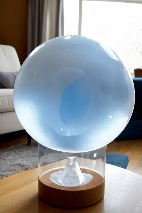 wizardly haze, a bal made out of ice and fail inside a cozy living room on a sunny day, detailed, high quality, simple cosmic energy dof background