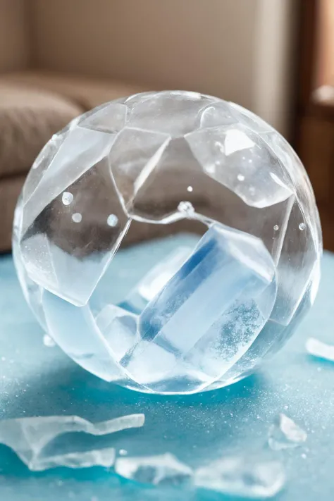 wizardly haze, a bal made out of ice and fail inside a cozy living room on a sunny day, detailed, high quality, simple cosmic energy dof background